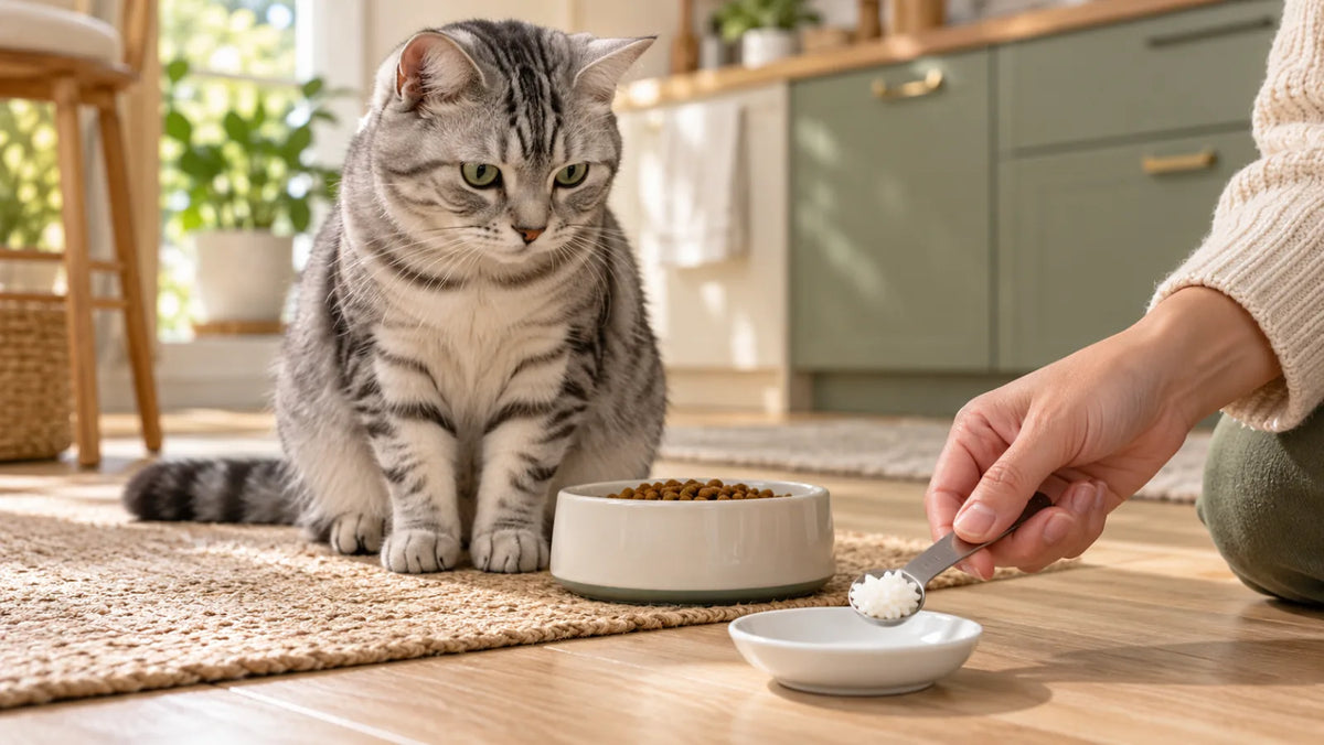 Adult cat beside a tiny measured dish of plain cooked white rice and its complete cat food