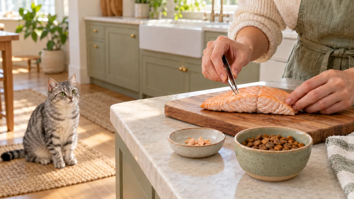 Cat watching as a caregiver checks plain cooked salmon for pin bones before serving a tiny portion