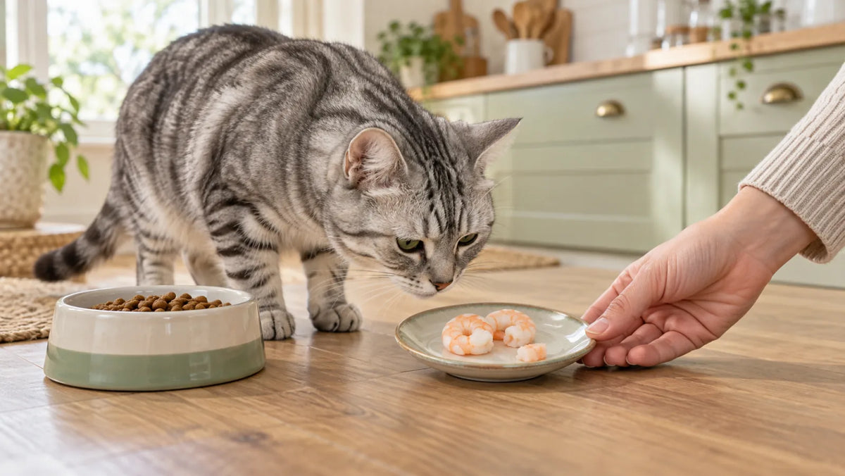 Silver tabby cat sniffing two plain cooked peeled shrimp beside its regular complete cat food
