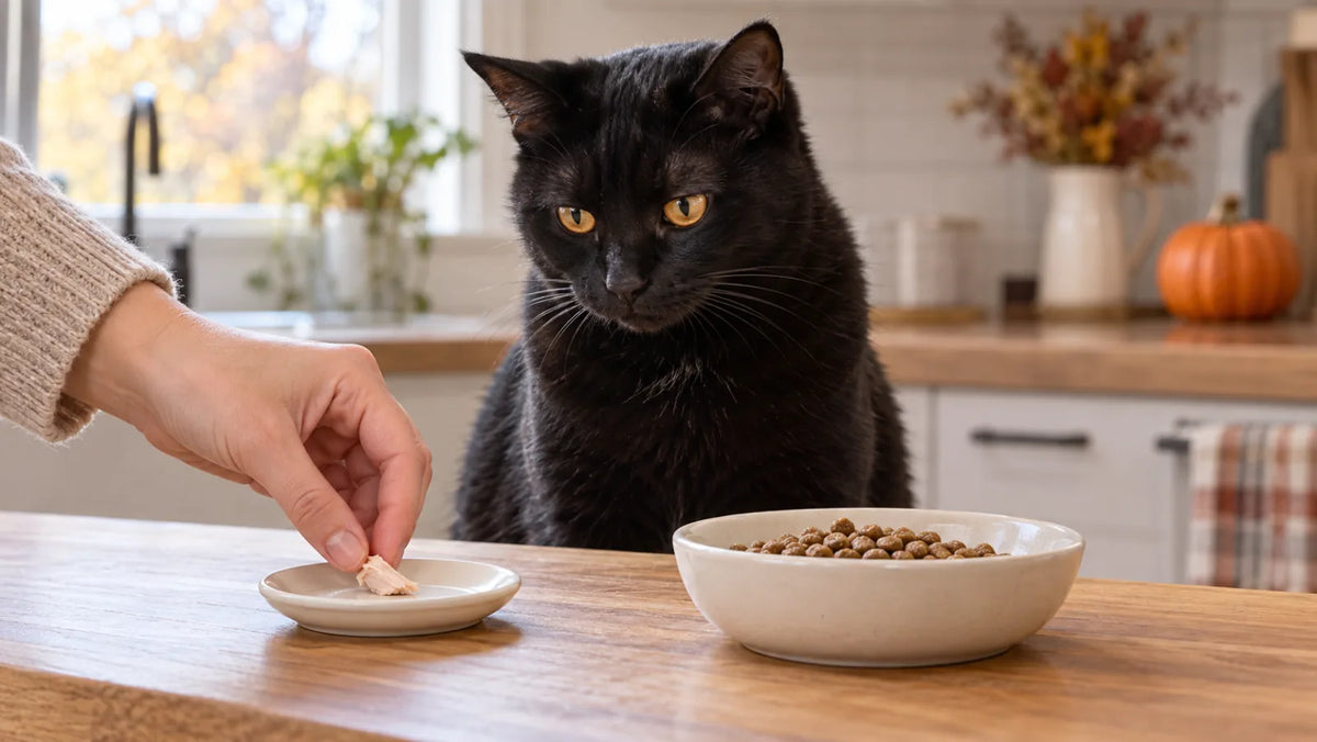 Black cat beside a measured meal and one tiny plain cooked turkey shred