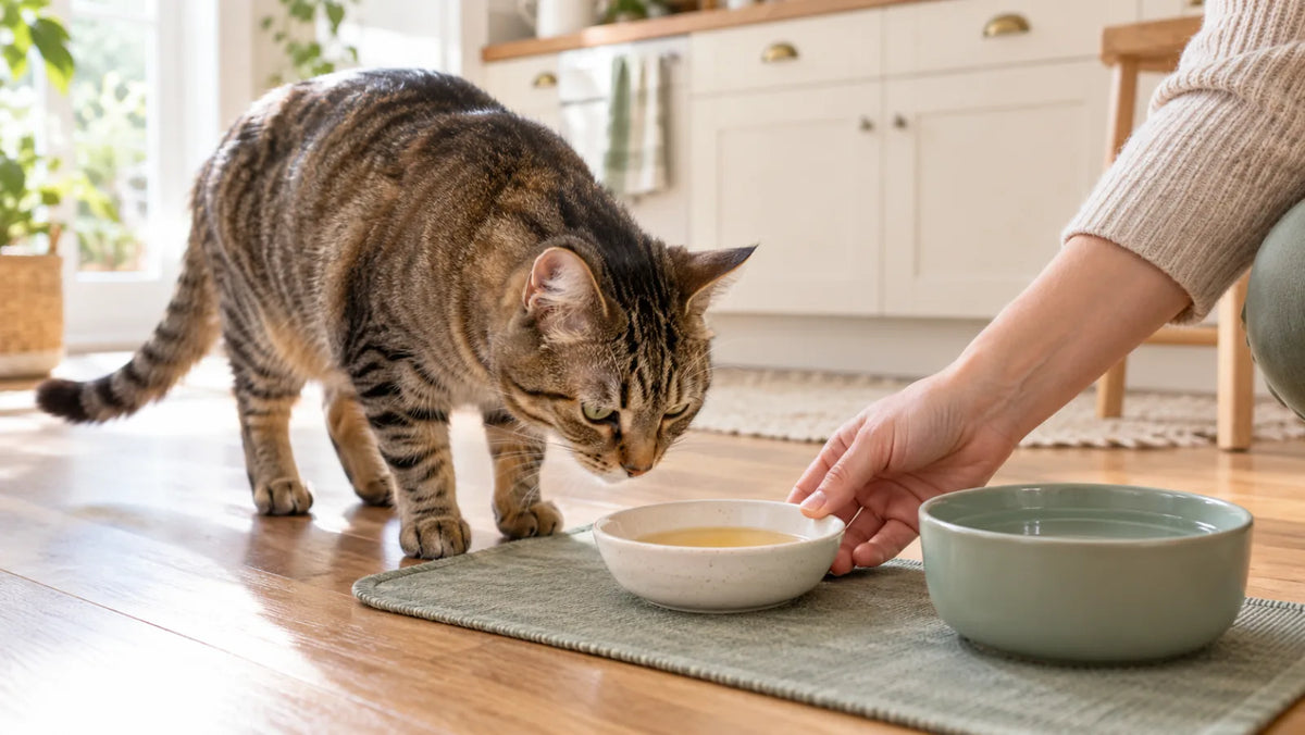 Tabby cat sniffing a small bowl of plain chicken broth in a kitchen