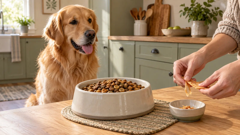 Golden retriever waiting while a small chicken jerky portion is prepared beside a complete dog meal