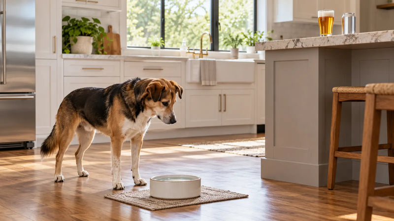 Dog standing beside a water bowl while a beer glass and plain can remain high on a kitchen counter