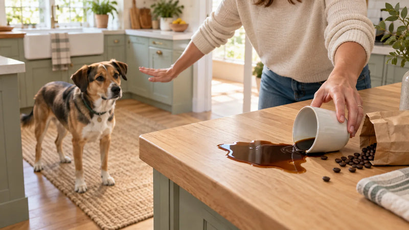 Dog kept safely away while an owner secures spilled coffee and coffee beans