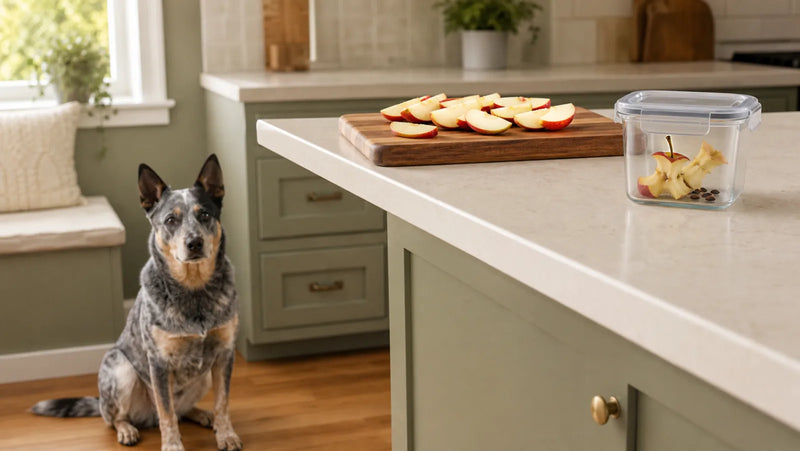 Australian Cattle Dog waiting while apple slices are separated from the core and seeds