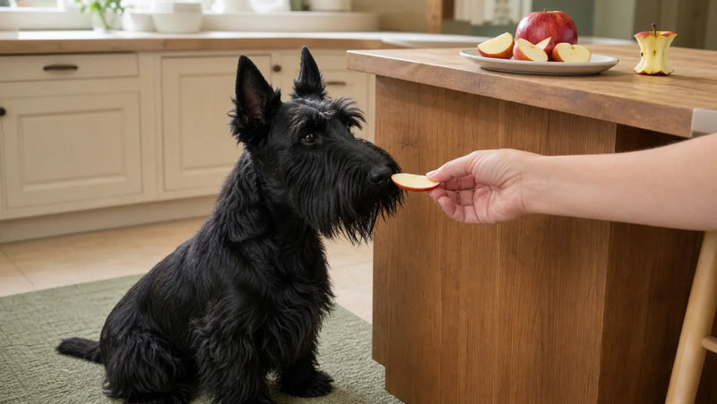 Black Scottish terrier sniffing a thin seedless apple slice in a kitchen