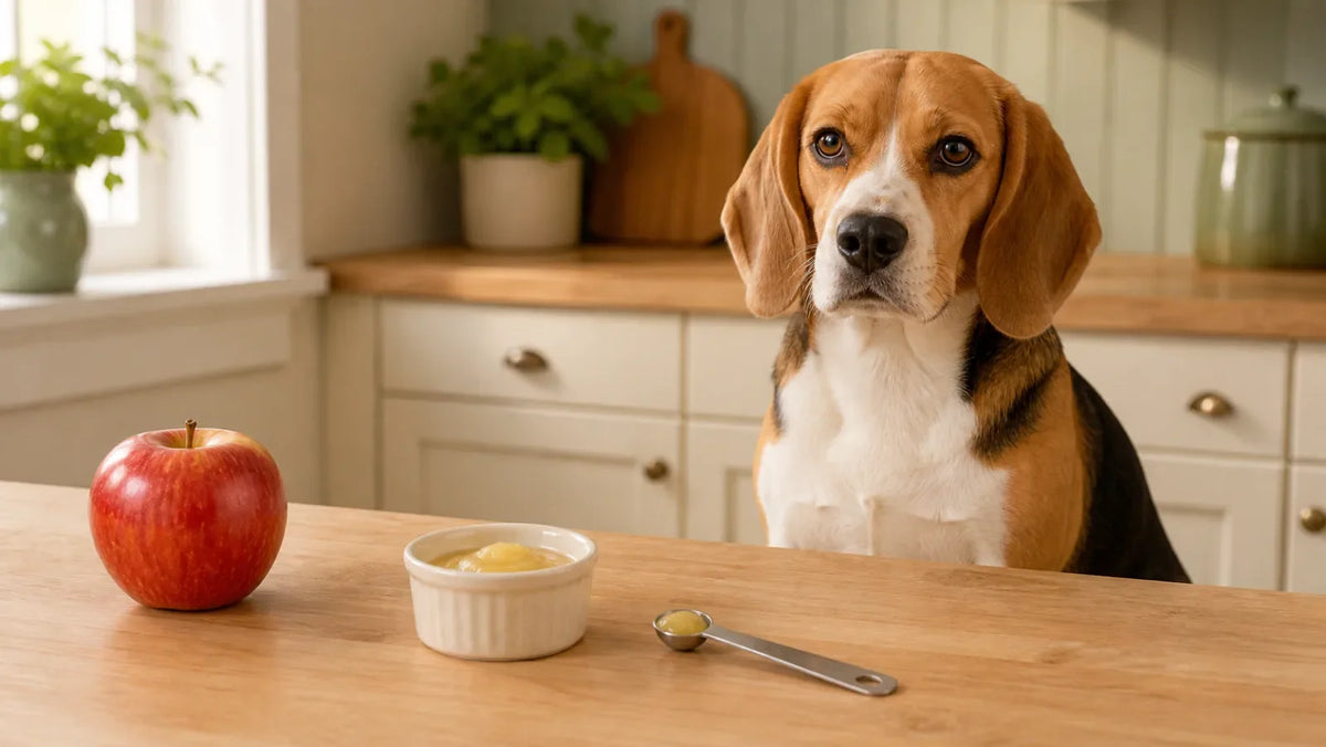Beagle waiting beside a tiny ramekin and measuring spoon of plain applesauce