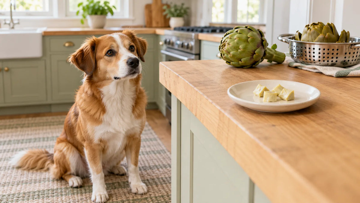 Dog waiting beside a counter with a small plate of plain cooked artichoke-heart pieces
