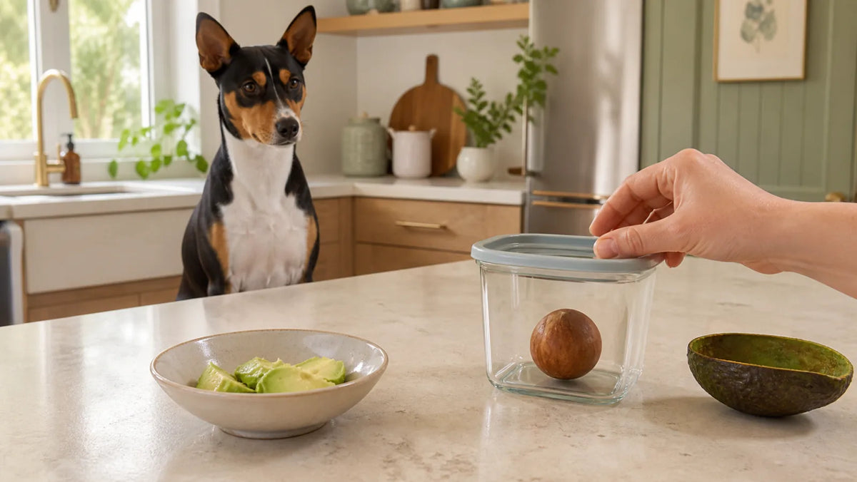 Tri-color Basenji kept away while an avocado pit is sealed apart from a small bowl of plain flesh