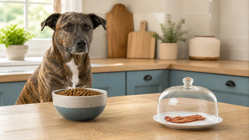 Brindle mixed-breed dog kept away from two cooked bacon strips under a glass cover