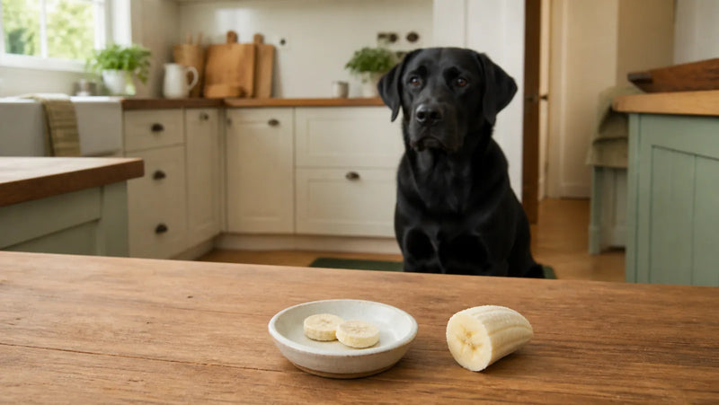 Black Labrador waiting behind a small dish of plain freeze-dried banana pieces