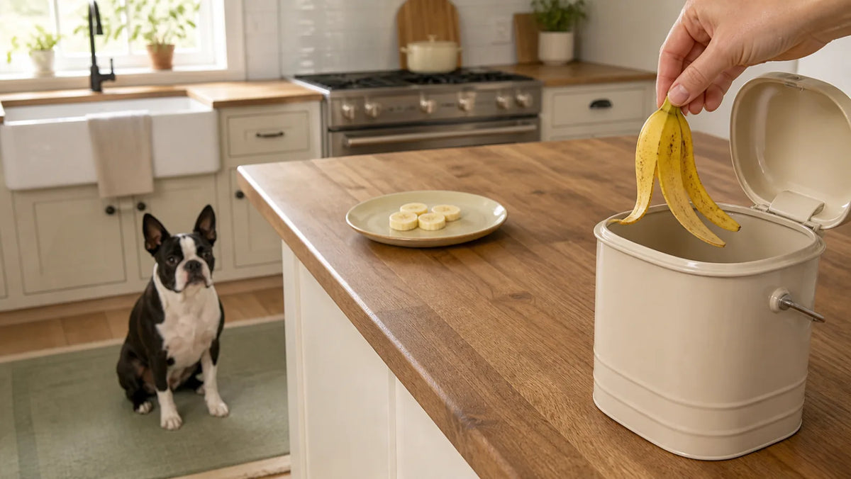 Boston Terrier waiting while a banana peel is placed in a lidded food-scrap pail