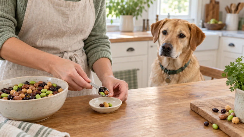 Dog waiting while an owner measures a tiny portion of fully cooked plain beans