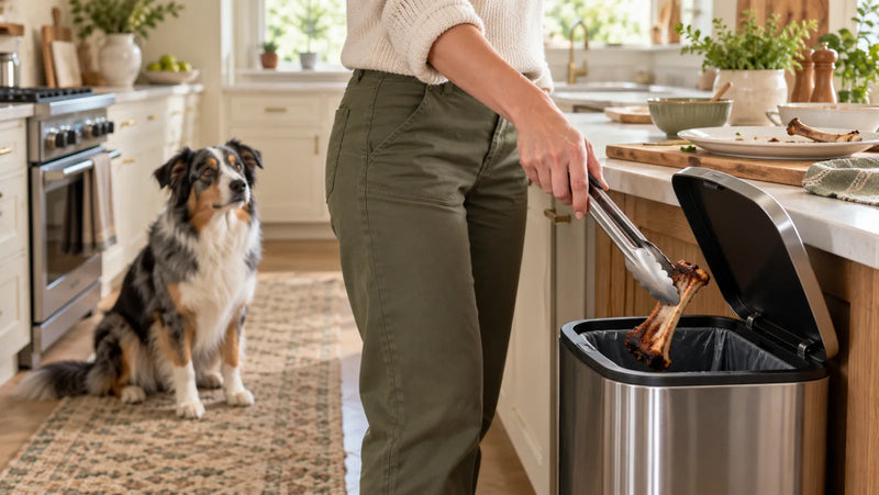 Owner placing a cooked beef bone in a secured trash bin away from a dog