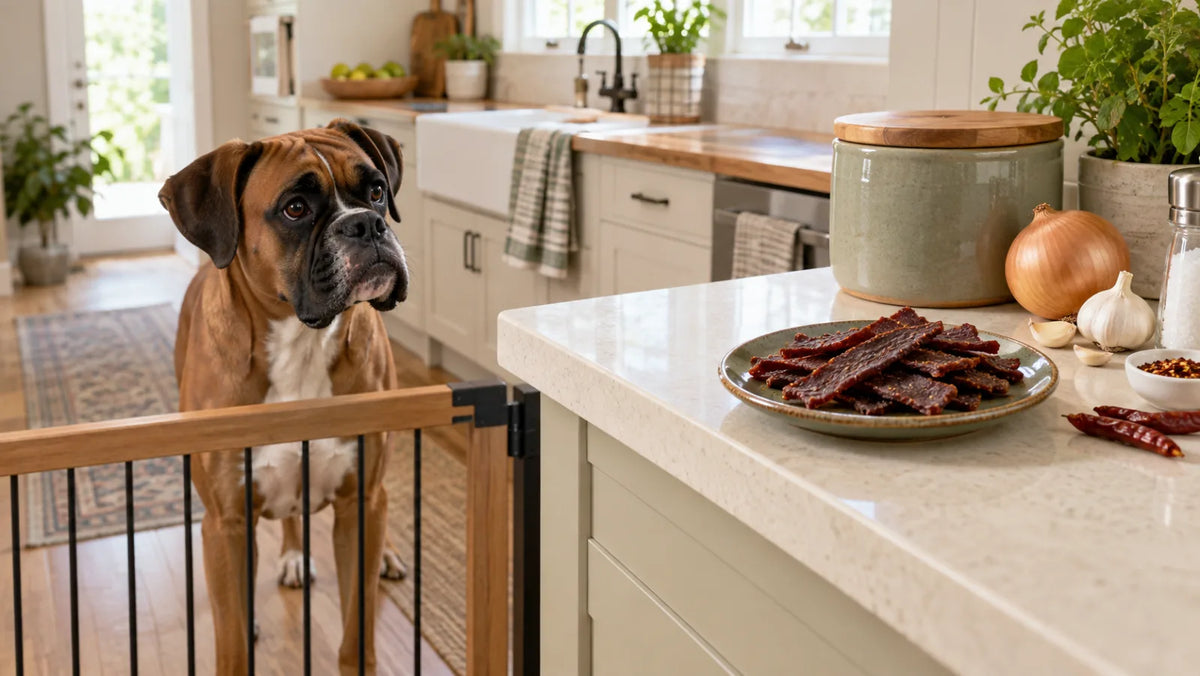 Boxer safely separated from seasoned human beef jerky, onion, garlic, salt, and chili on a kitchen counter
