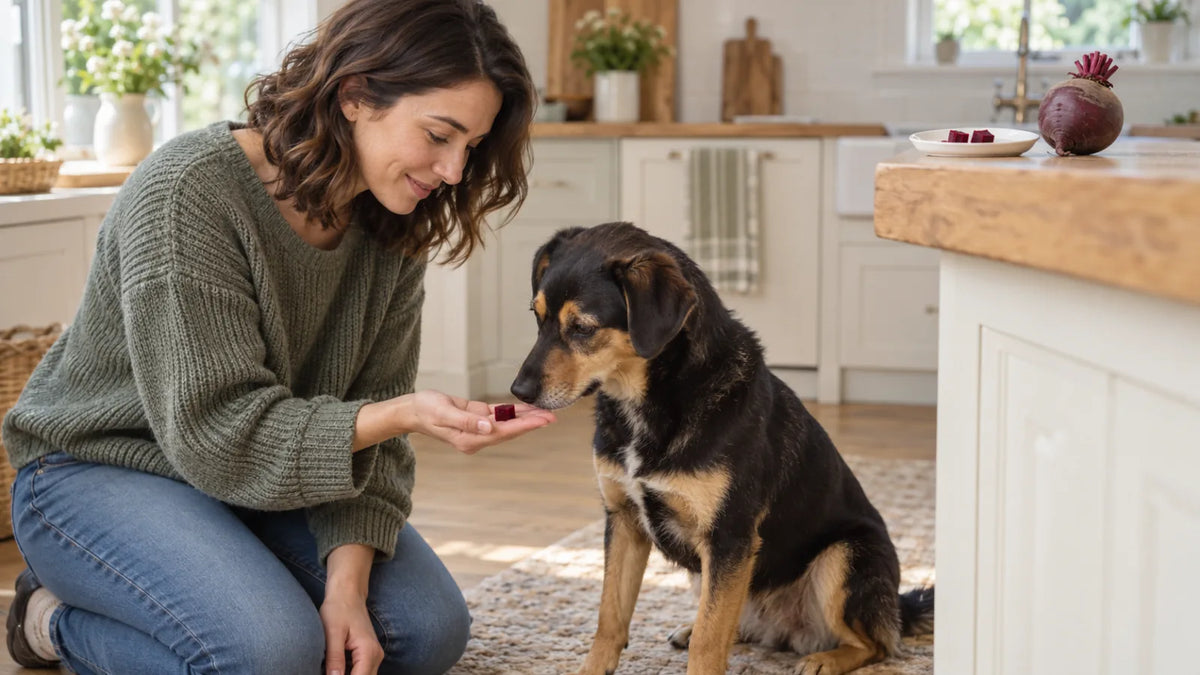 Dog receiving one tiny cube of plain cooked beetroot from a pet parent