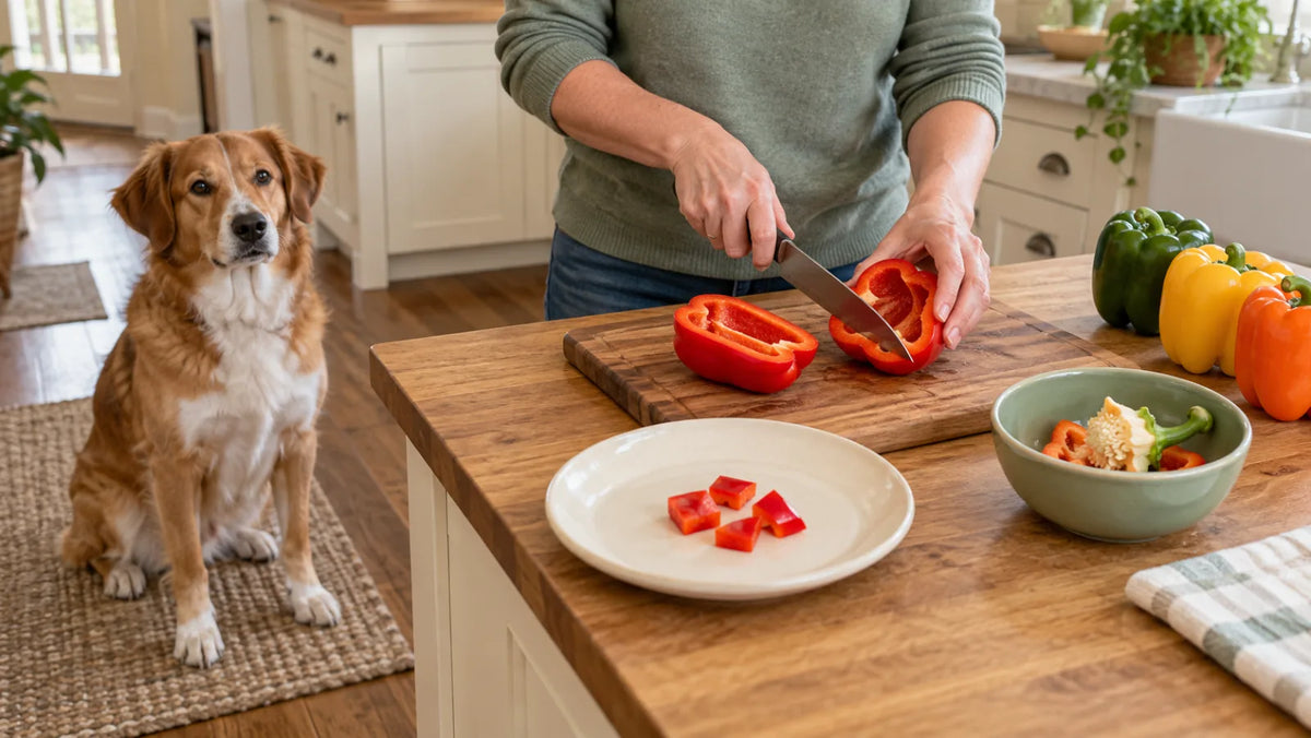 Red bell pepper prepared without stem or seeds while a dog waits nearby