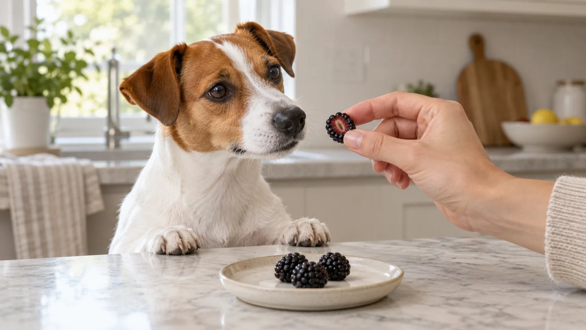 Jack Russell Terrier waiting beside three washed blackberries as an owner offers one halved berry