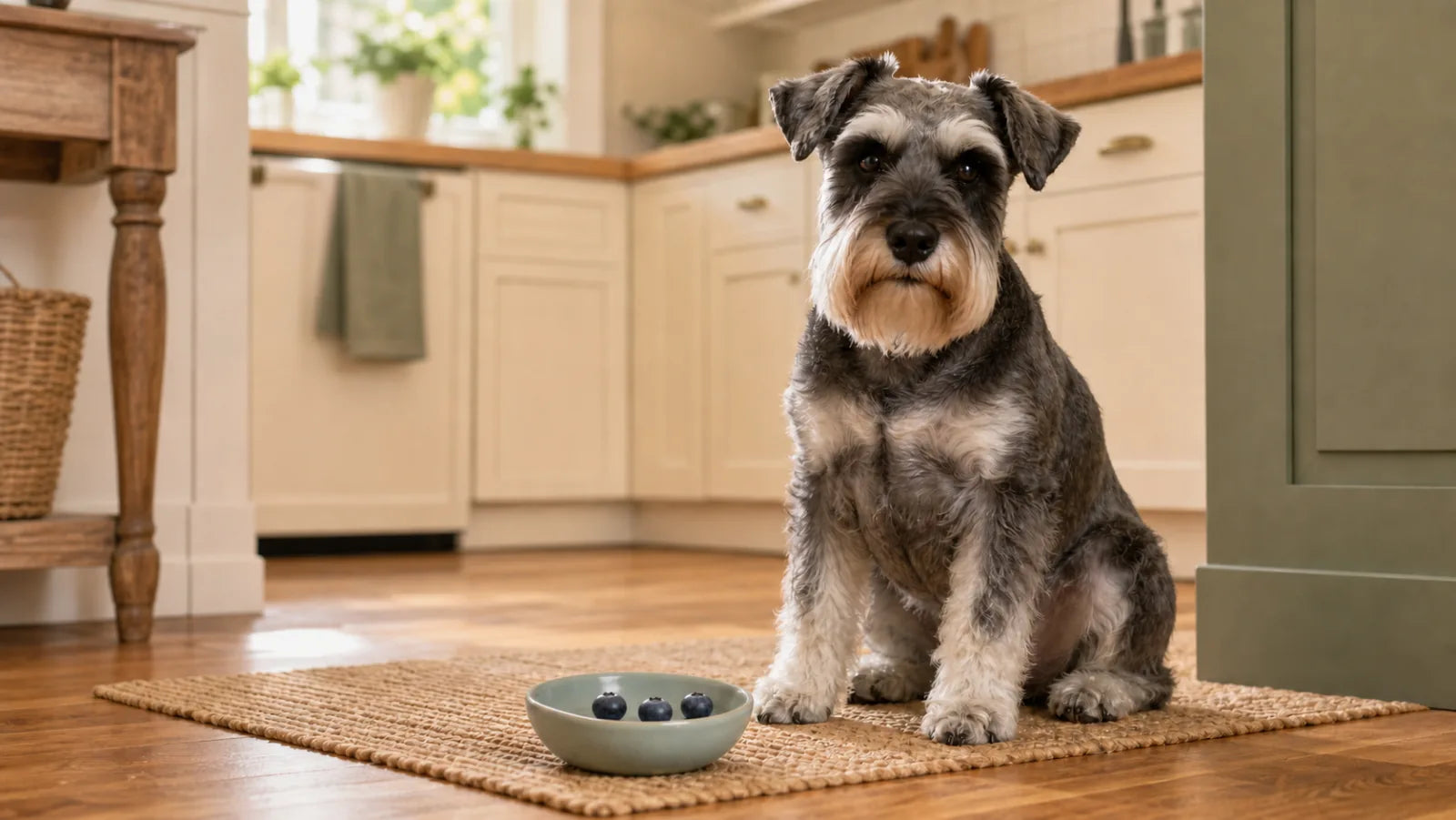 Miniature schnauzer sitting beside a bowl of fresh blueberries