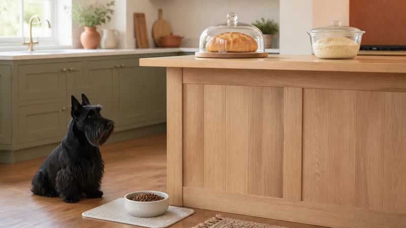 Black Scottish Terrier kept away from baked bread and a lidded bowl of raw yeast dough