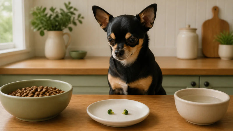 Chihuahua waiting behind two tiny pieces of plain steamed broccoli with dog food