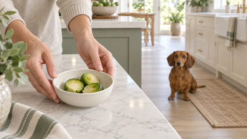 Dachshund kept back while an adult portions plain steamed Brussels sprout halves