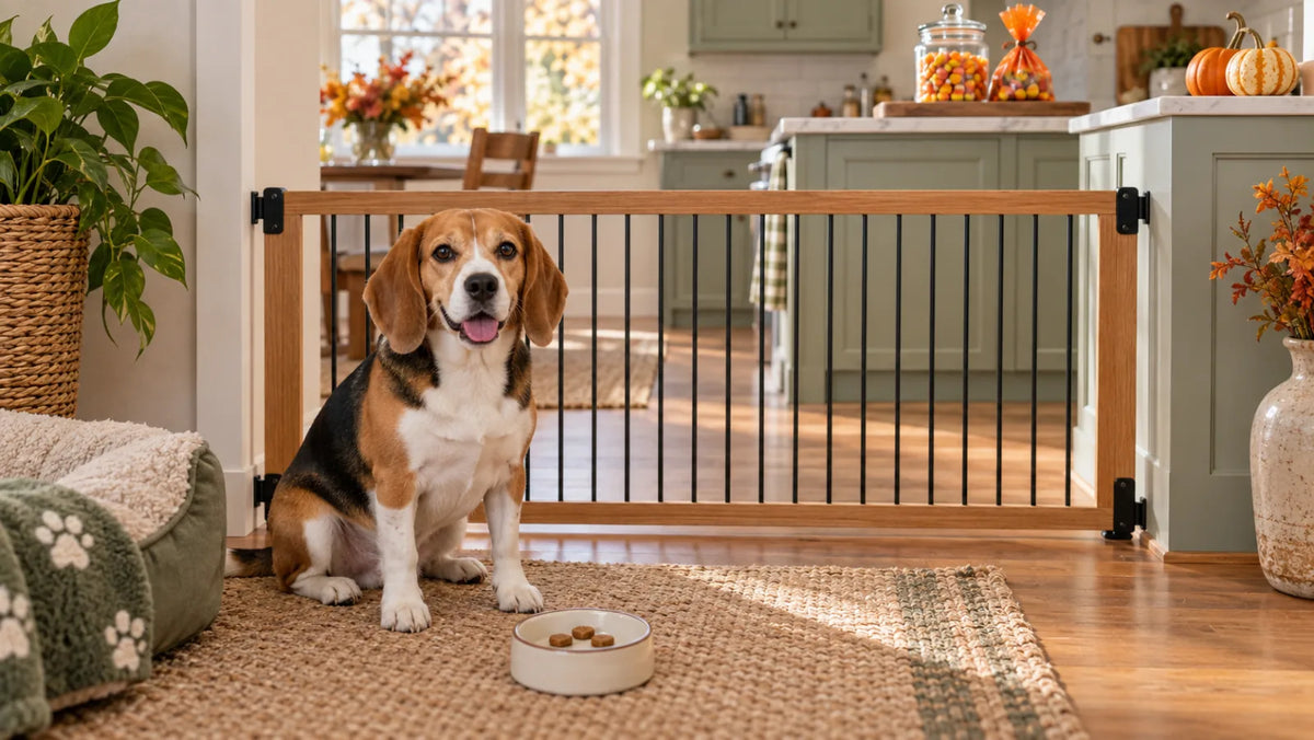 Beagle separated from secured candy corn with dog training treats nearby