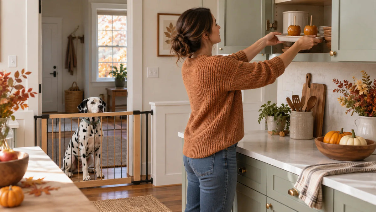 Dalmatian kept behind a gate while caramel apples are stored out of reach