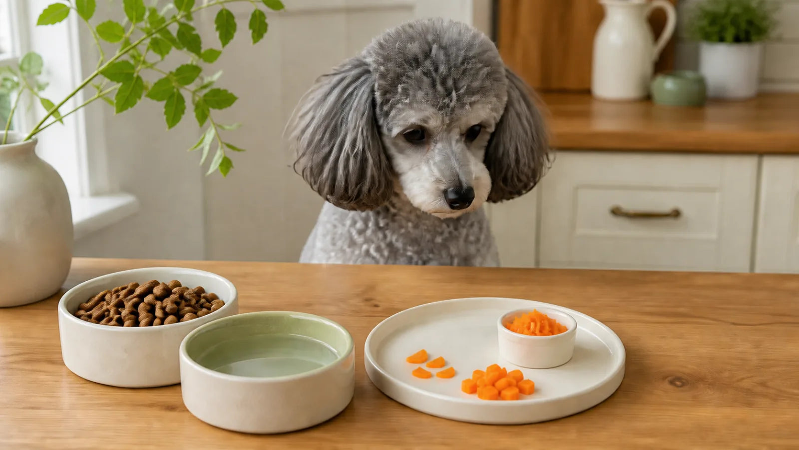 Miniature poodle waiting behind small portions of raw, cooked, and grated carrot with dog food