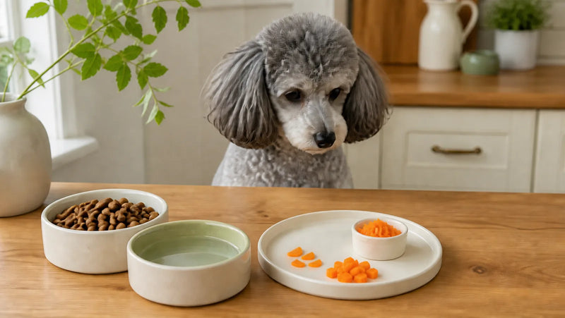 Miniature poodle waiting behind small portions of raw, cooked, and grated carrot with dog food