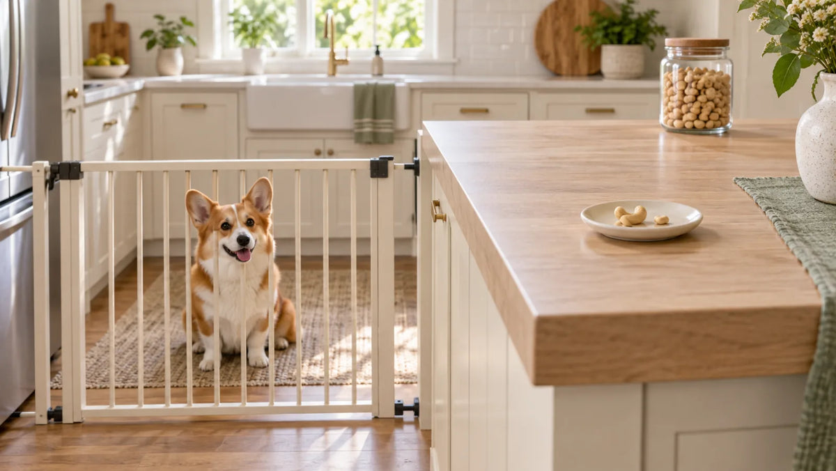 Corgi behind a gate while a tiny portion of plain cashews sits on a high counter