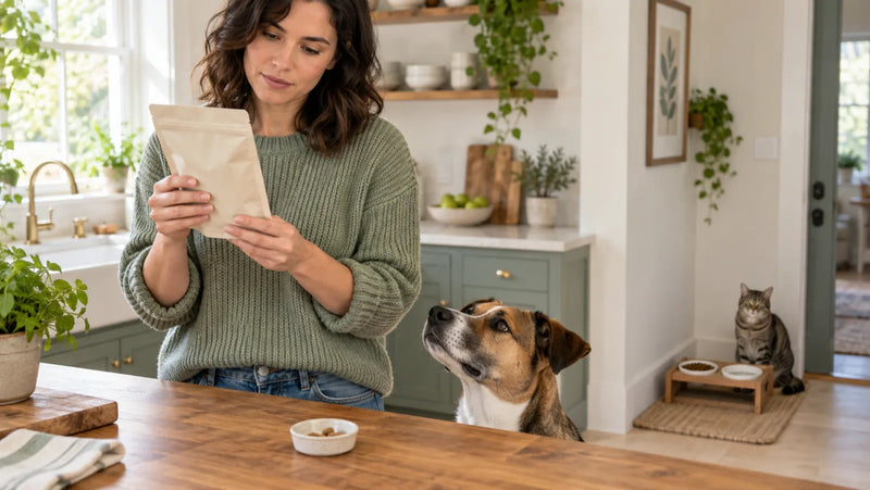 Dog owner checking a cat treat package while dog and cat wait at separate stations