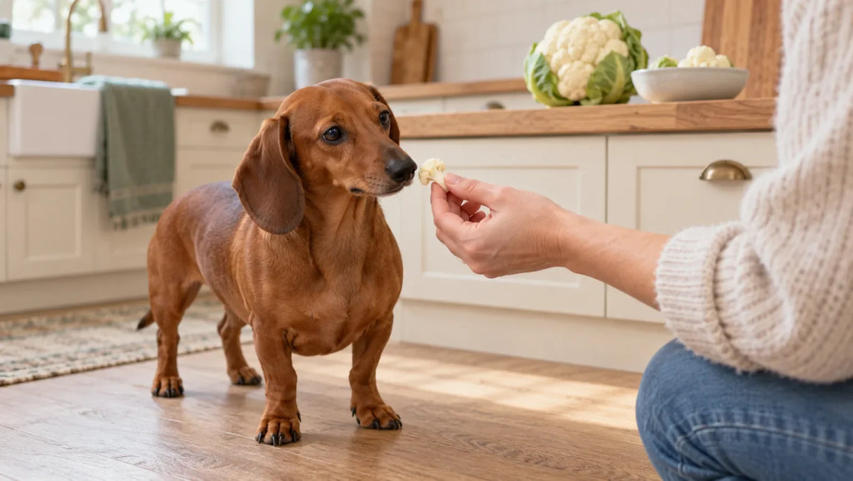 Dachshund being offered one small plain cauliflower floret in a kitchen