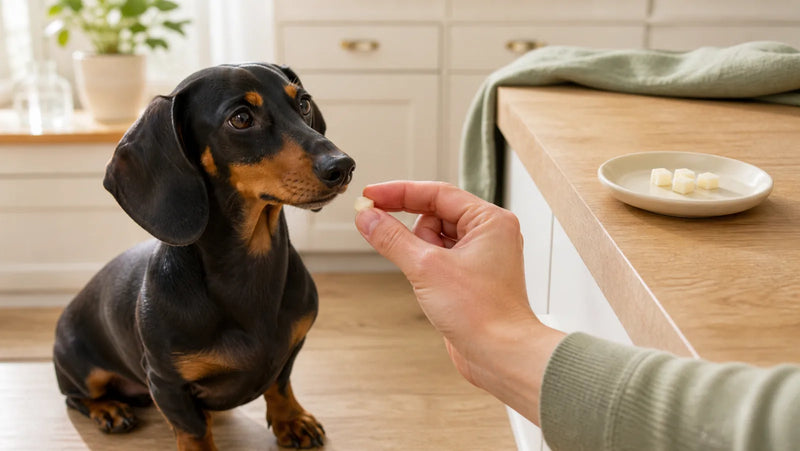 Dachshund receiving one tiny piece of plain cheese as a training reward