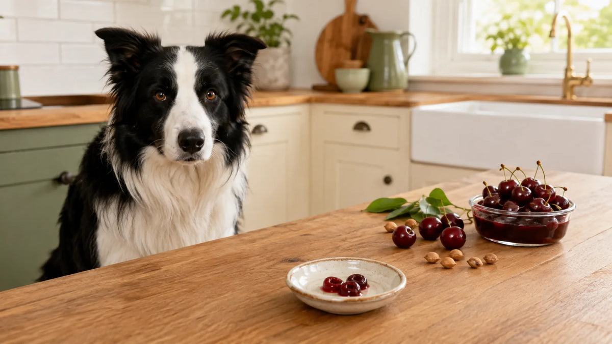 Border collie separated from pitted cherry flesh, whole cherries, pits, leaves, and syrup cherries