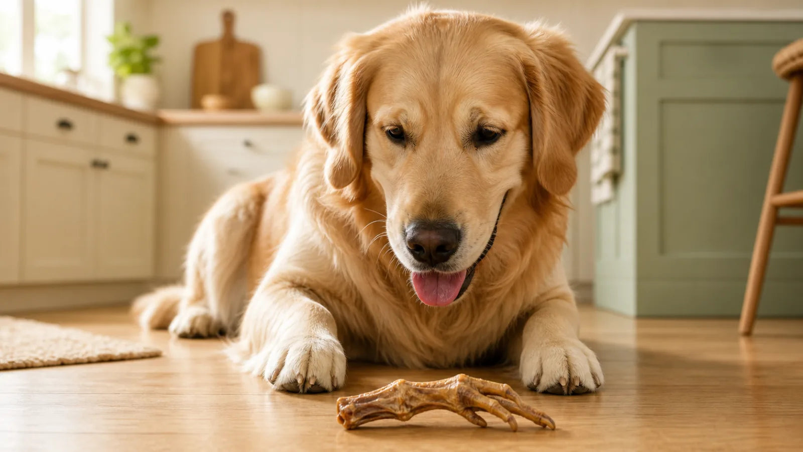 Happy dog about to enjoy a dehydrated chicken foot chew at home