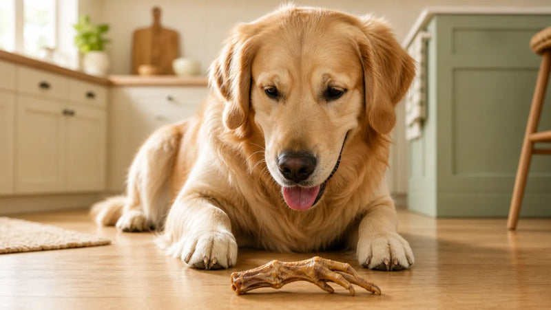 Happy dog about to enjoy a dehydrated chicken foot chew at home