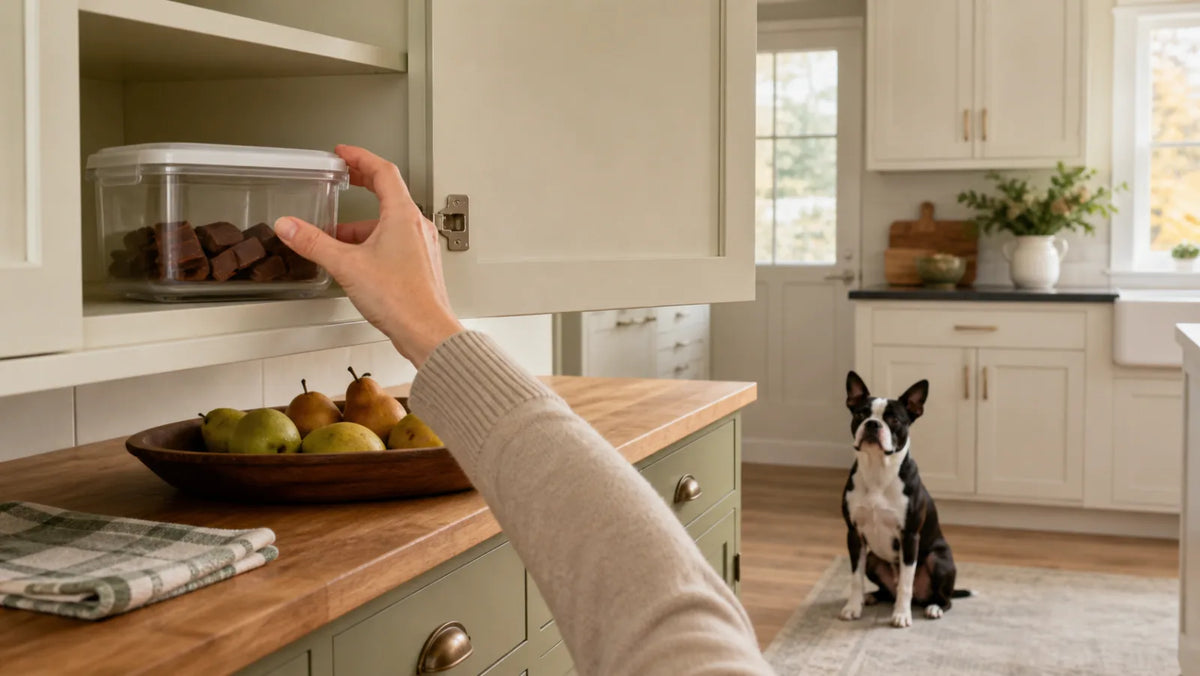 Boston Terrier kept away while chocolate is stored in a high kitchen cabinet