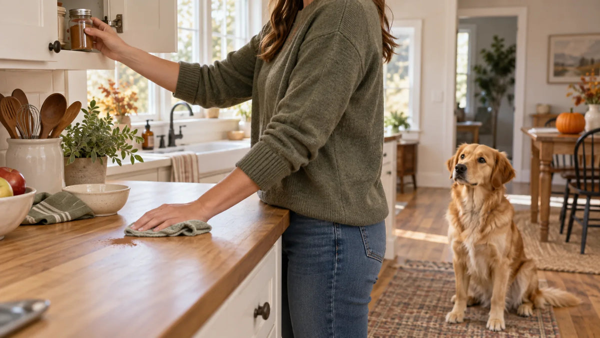 Dog kept away while an owner closes a cinnamon jar and cleans a small counter spill