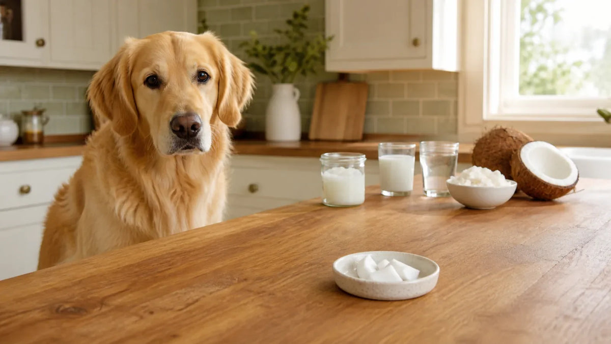 Golden retriever separated from plain coconut pieces, coconut oil, milk, water, flakes, and shell