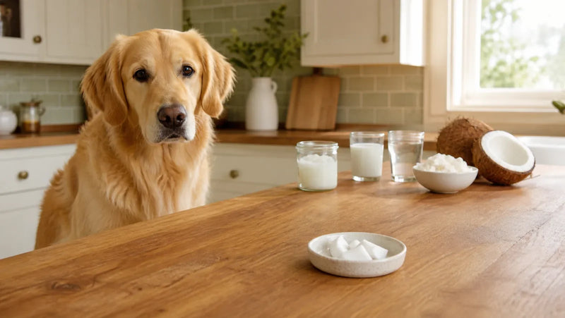 Golden retriever separated from plain coconut pieces, coconut oil, milk, water, flakes, and shell