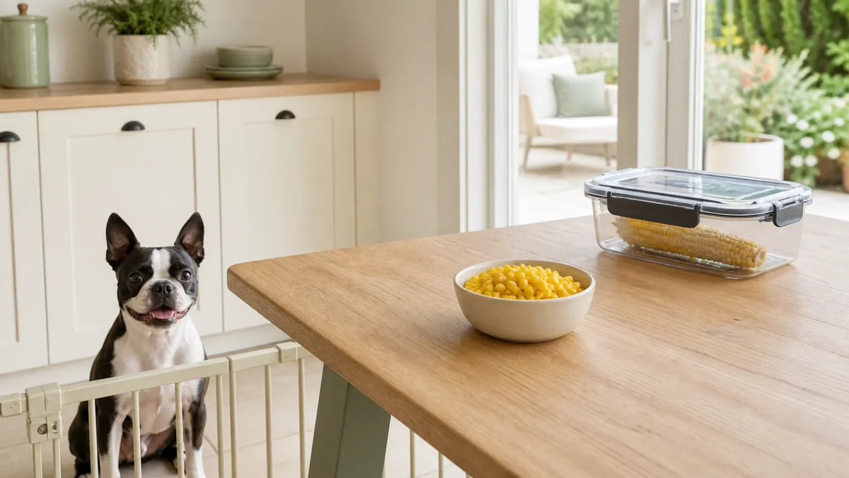 Boston Terrier kept away from a secured corn cob while plain cooked kernels sit on a high table
