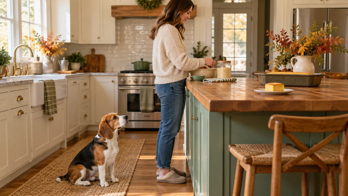 Beagle sitting beside a kitchen island while plain cornbread stays out of reach