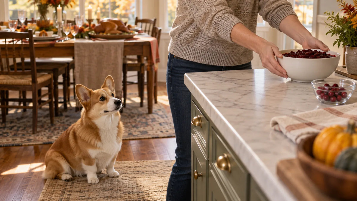 Corgi kept away while a caregiver moves cranberry sauce off the holiday table