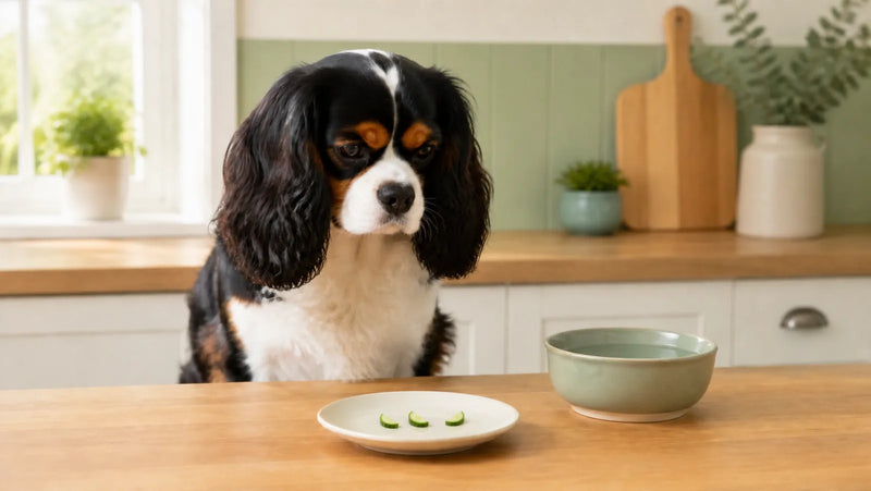 Cavalier waiting behind three small cucumber pieces beside a water bowl
