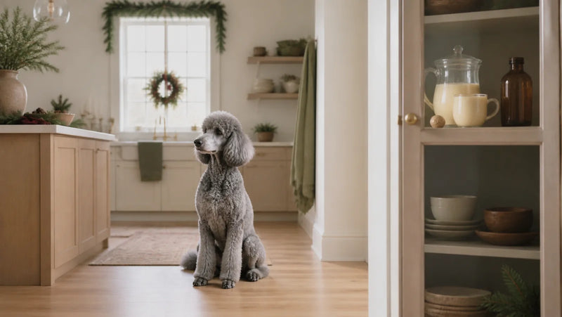 Silver Standard Poodle waiting while eggnog stays secured in a high closed cabinet