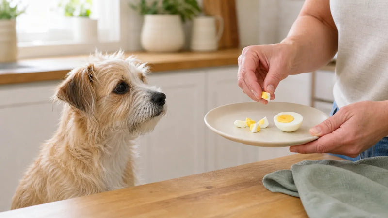 Small mixed-breed dog waiting while an owner portions a fully cooked egg