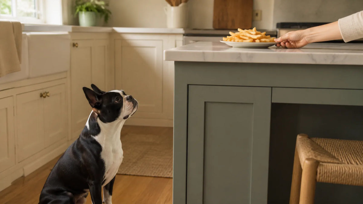 Boston Terrier sitting below a counter while french fries are moved out of reach