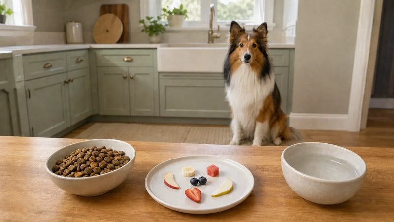 Shetland Sheepdog waiting behind a small plate of prepared dog-safe fruit and dog food