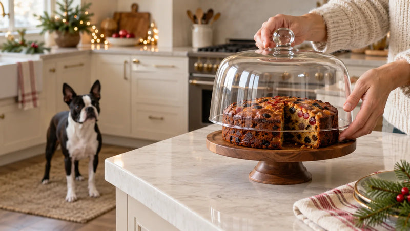 Boston Terrier kept behind a counter while an adult covers sliced fruitcake with a glass cake dome